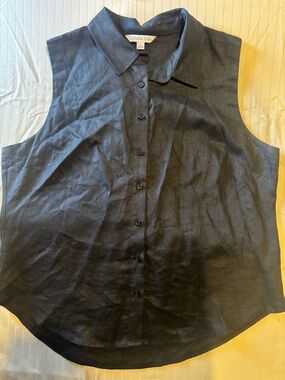 Ophelia Roe Black Sleeveless Button-Down Linen Shirt